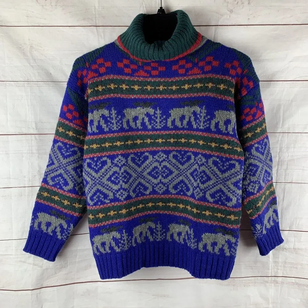 Eddie Bauer Sweater Pullover Vintage Wool turtleneck Deer Animals Geometric Aran - Picture 2 of 16